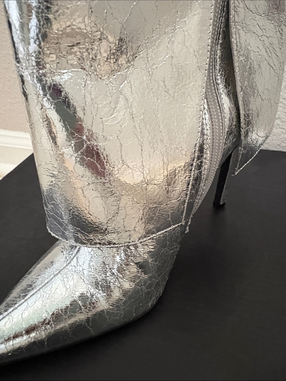 Silver Metallic Pointed-Toe Stiletto Ankle Boots - Picture 9 of 11
